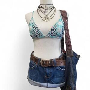 XHILARATION light blue and white patterned bikini top with crochet racerback